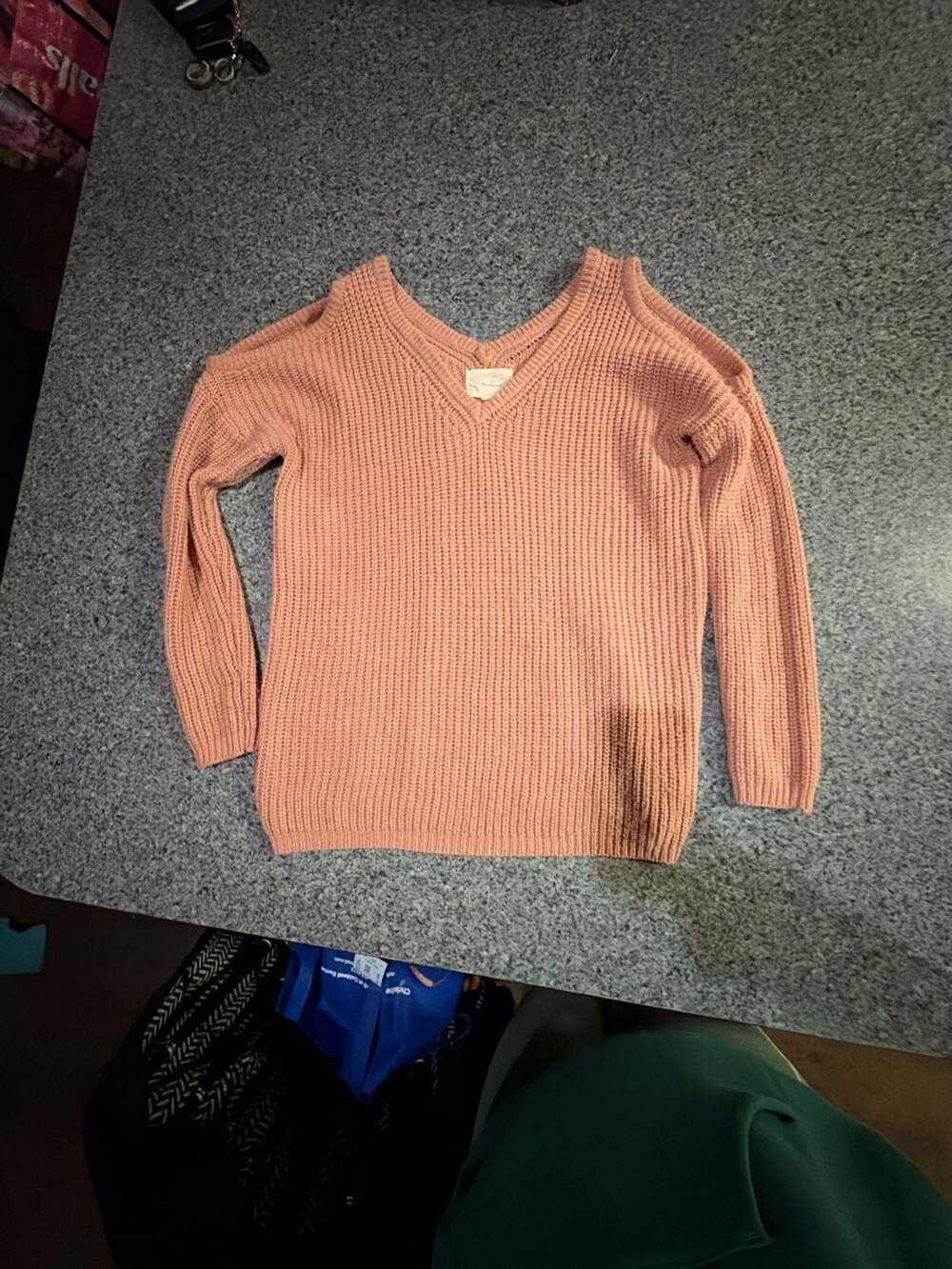 Ambiance Cold Shoulder V-Neck Sweater Size S Pink Chunky Knit